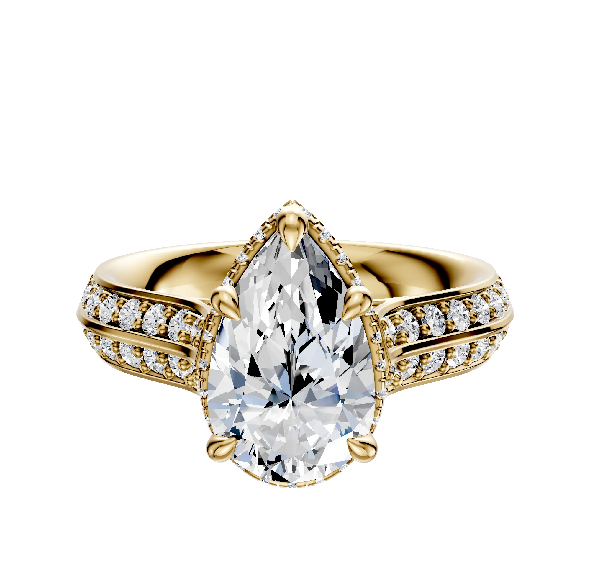 18K Yellow Gold 4 Prong Collar Cathedral Knife Edge 1-Row-Pave 2.5mm Engagement Ring
