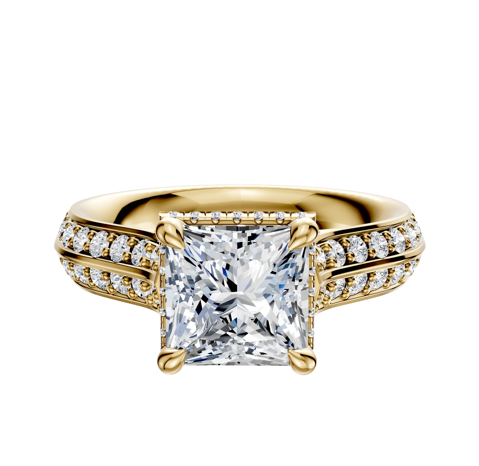 18K Yellow Gold 4 Prong Collar Cathedral Knife Edge 1-Row-Pave 2.5mm Engagement Ring