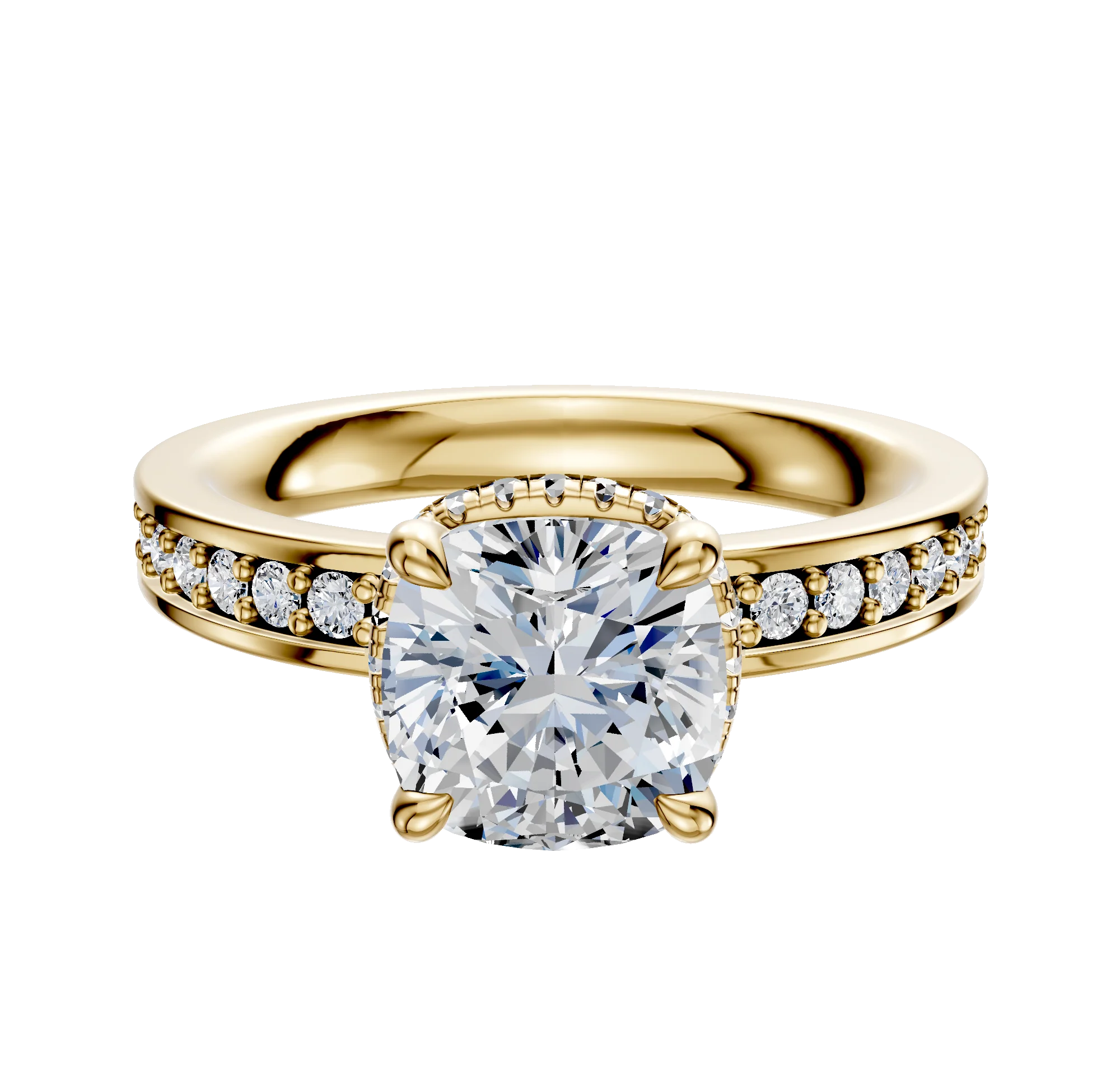 18K Yellow Gold 4 Prong Collar Classic Flat 1-Row-Pave 2.5mm Engagement Ring