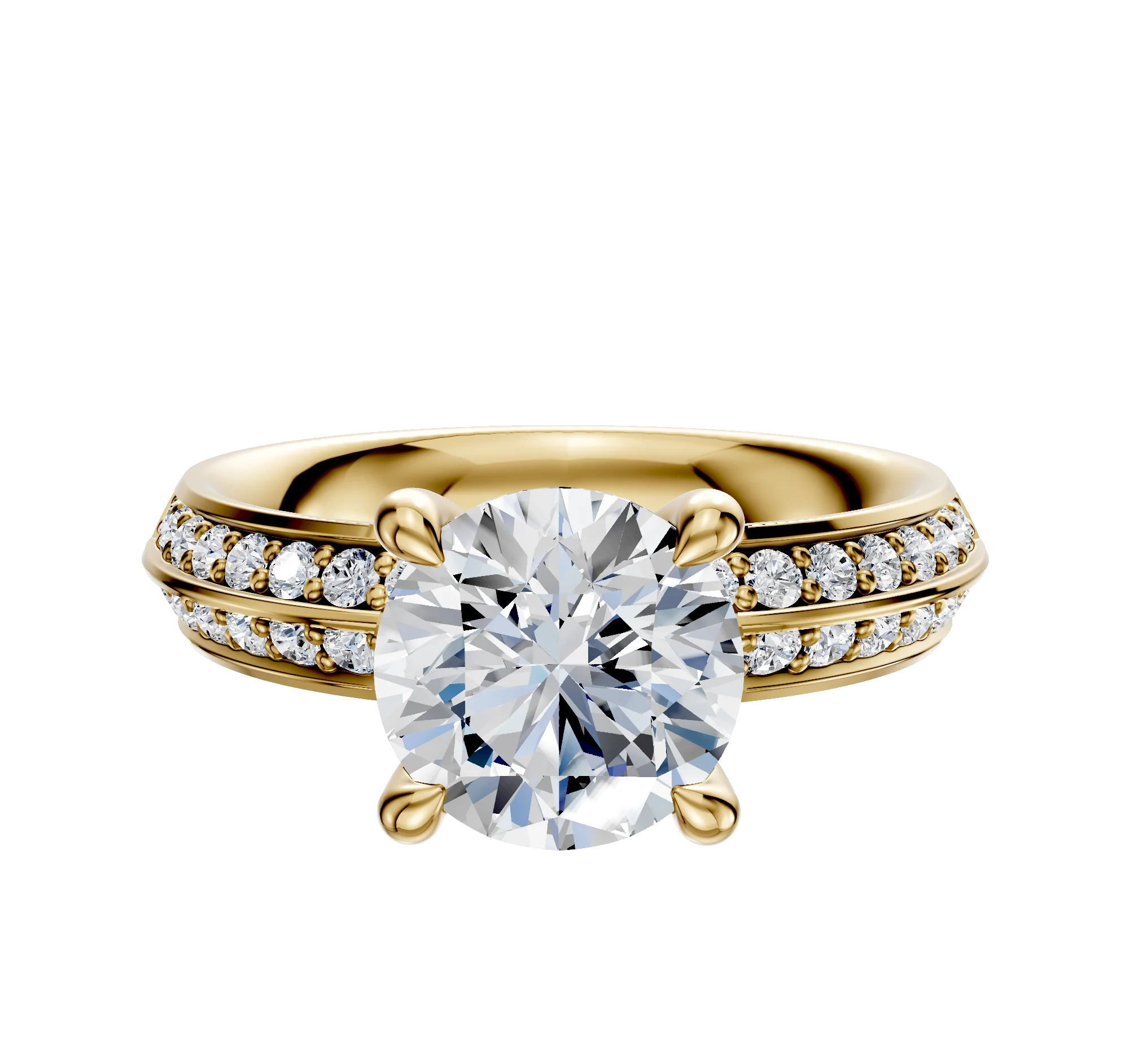 18K Yellow Gold 4 Prong Hidden Halo Classic Knife Edge 1-Row-Pave 2.5mm Engagement Ring