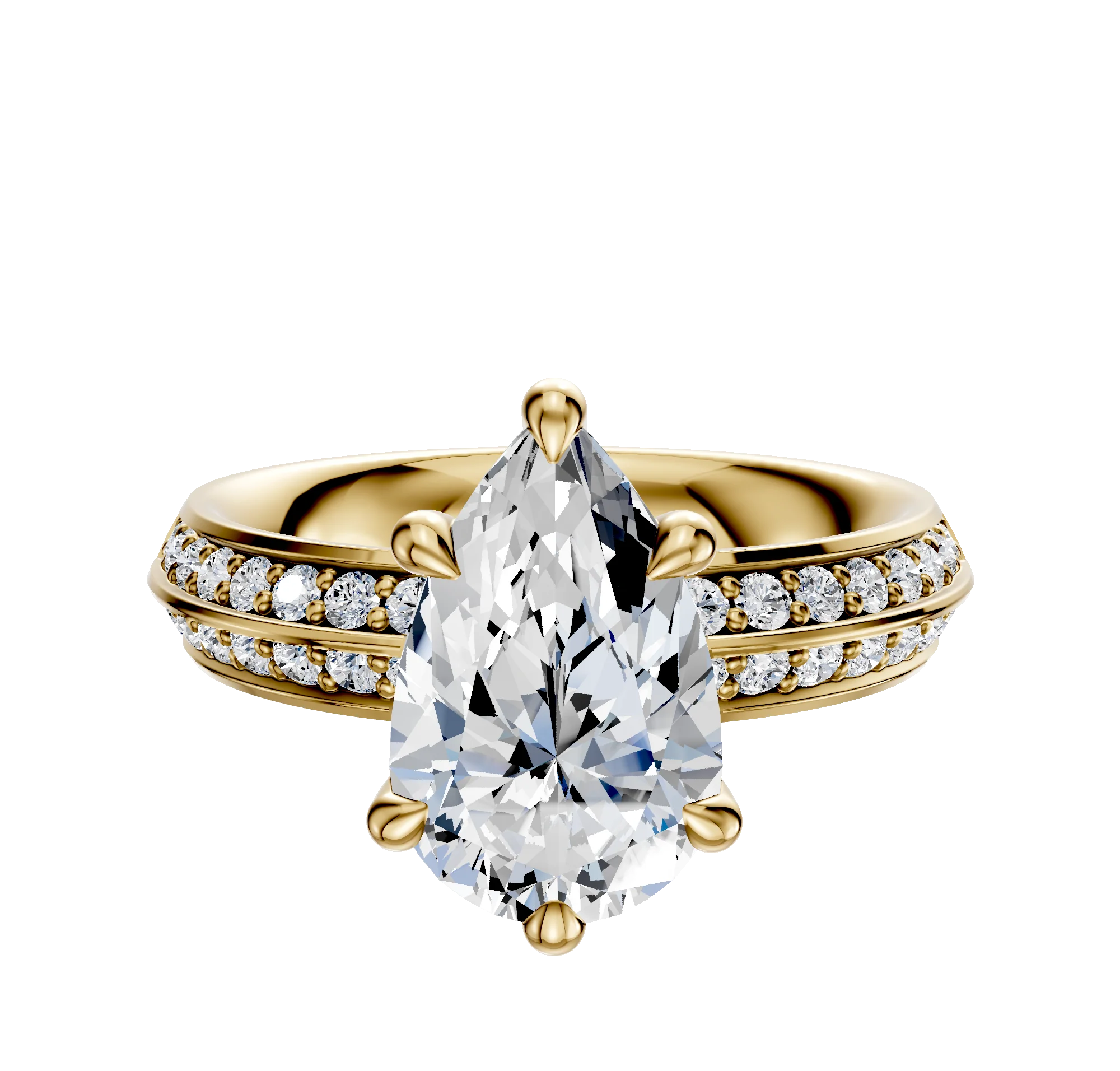 18K Yellow Gold 6 Prong Hidden Halo Classic Knife Edge 1-Row-Pave 2.5mm Engagement Ring