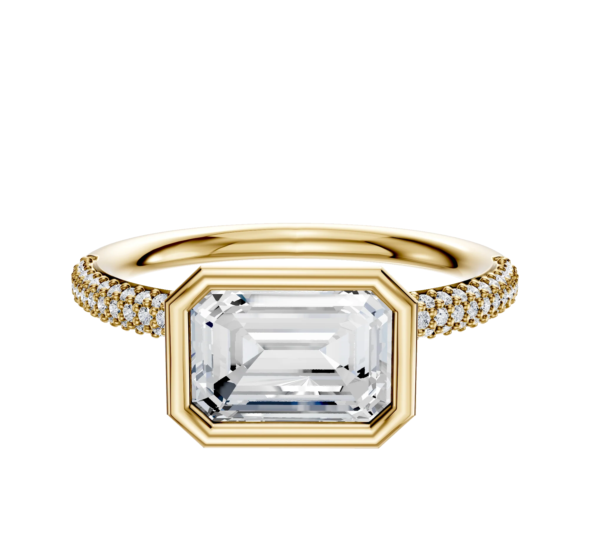 18K Yellow Gold Bezel Full Bezel East/West Classic Dome 3-Row-Pave 2.0mm Engagement Ring