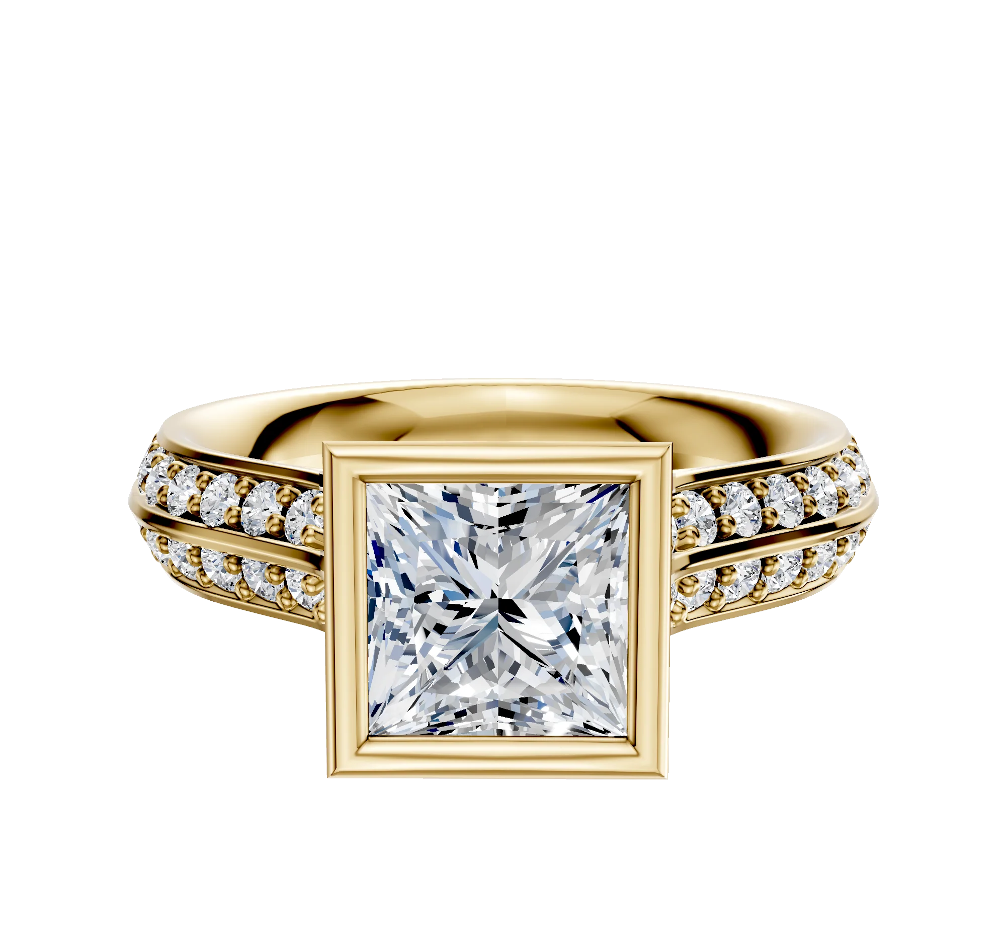 18K Yellow Gold Bezel Full Bezel North/South Cathedral Knife Edge 1-Row-Pave 2.5mm Engagement Ring