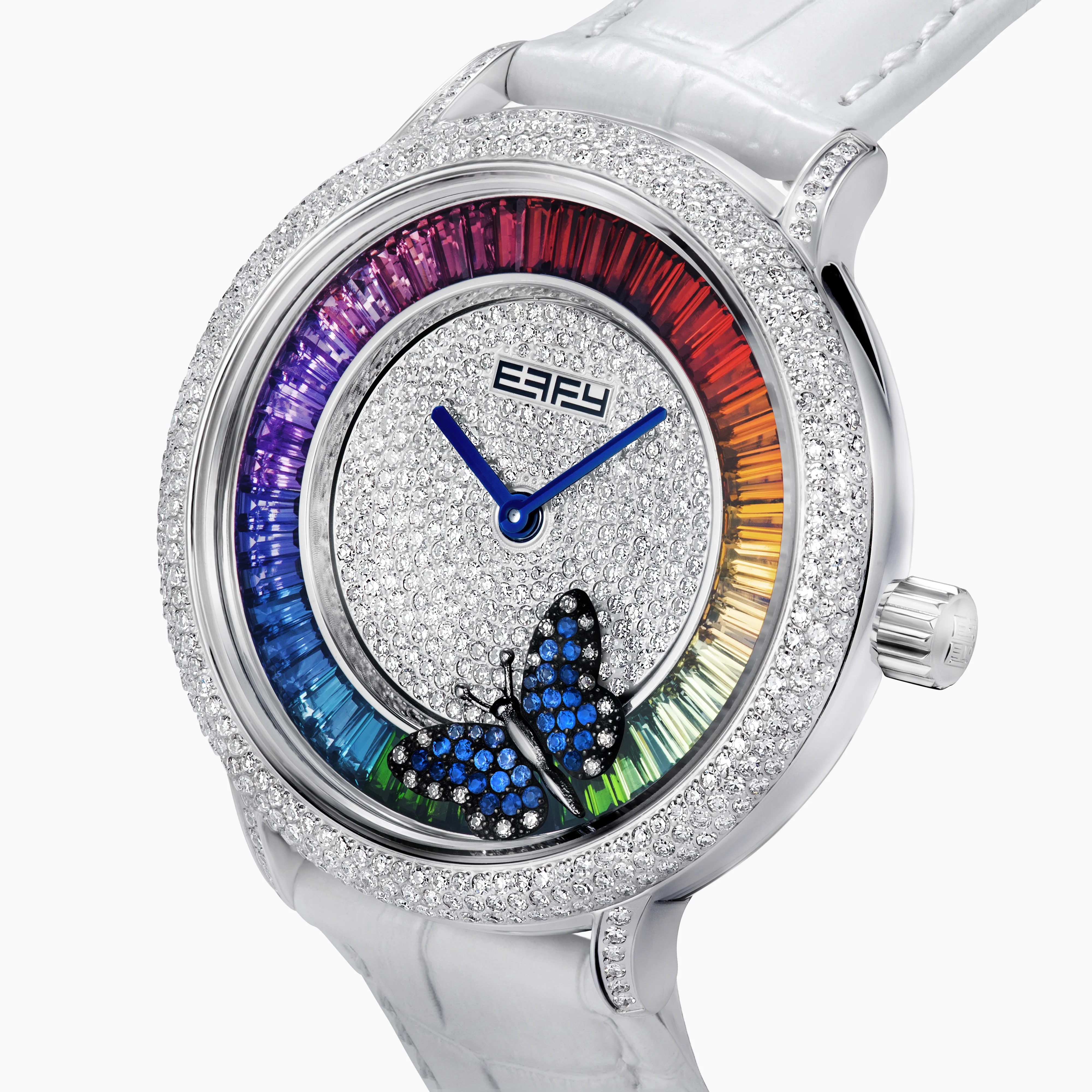 38MM Swiss Made Stainless Steel Rainbow Spinning Butterfly Watch with Rainbow Gemstones and Diamonds - Image 3