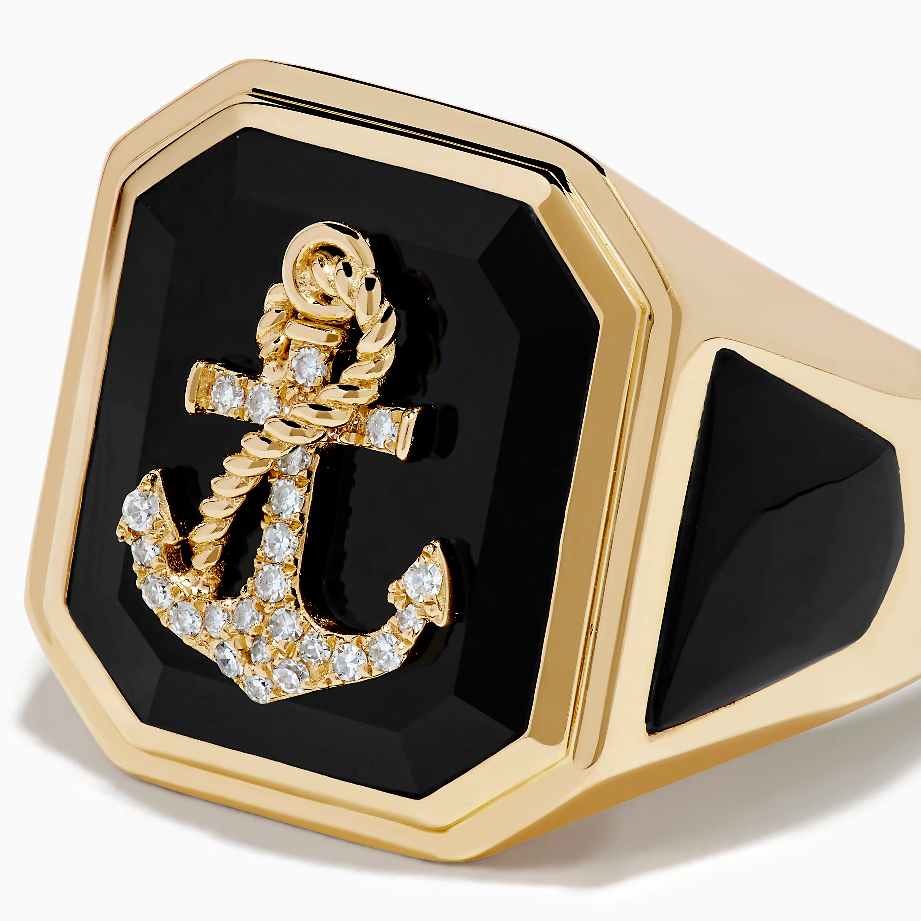 Men's 14K Yellow Gold Onyx and Diamond Anchor Signet Ring - Image 2