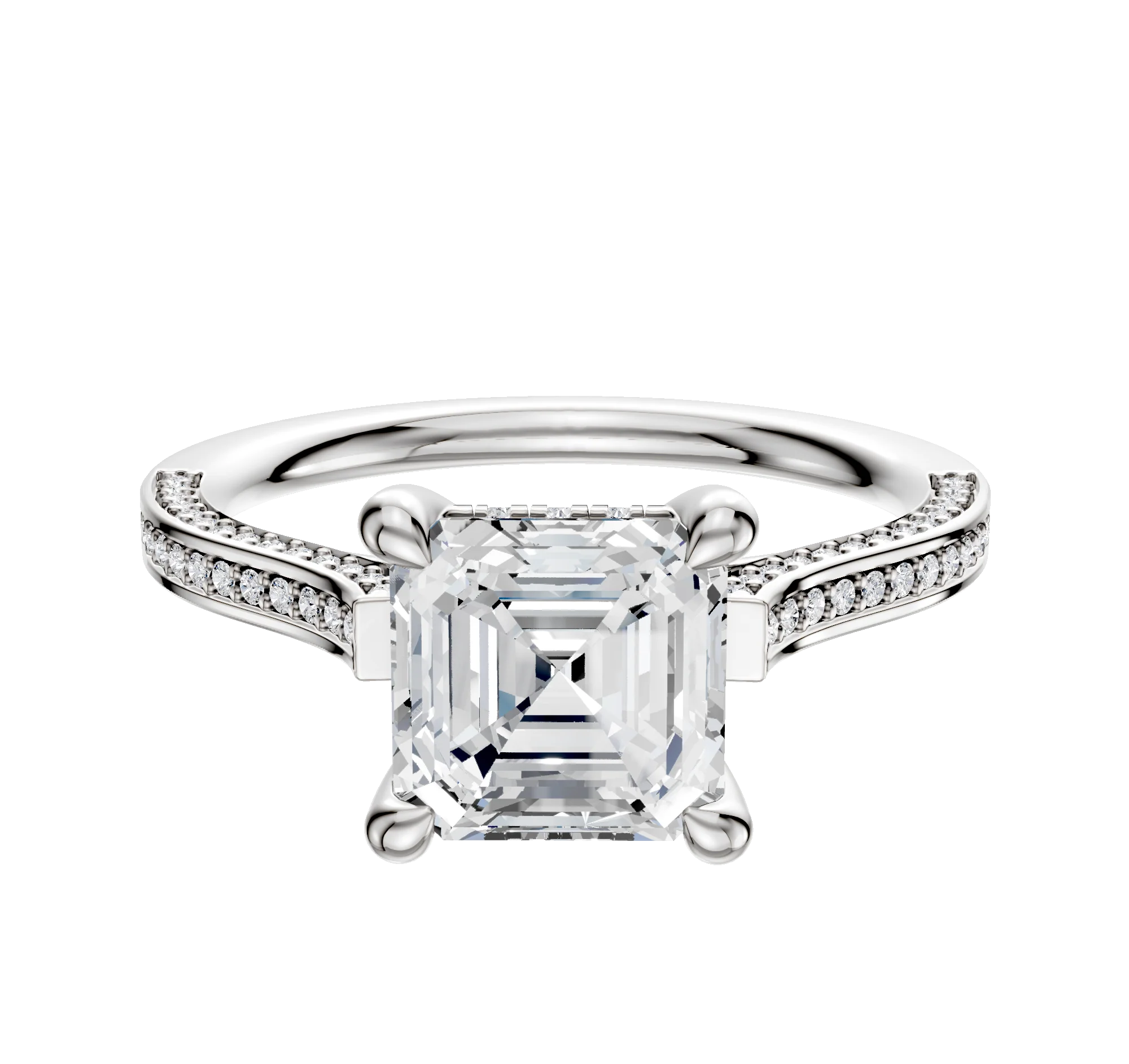 Platinum 4 Prong Hidden Halo Cathedral Flat 3-Row-Pave 2.0mm Engagement Ring
