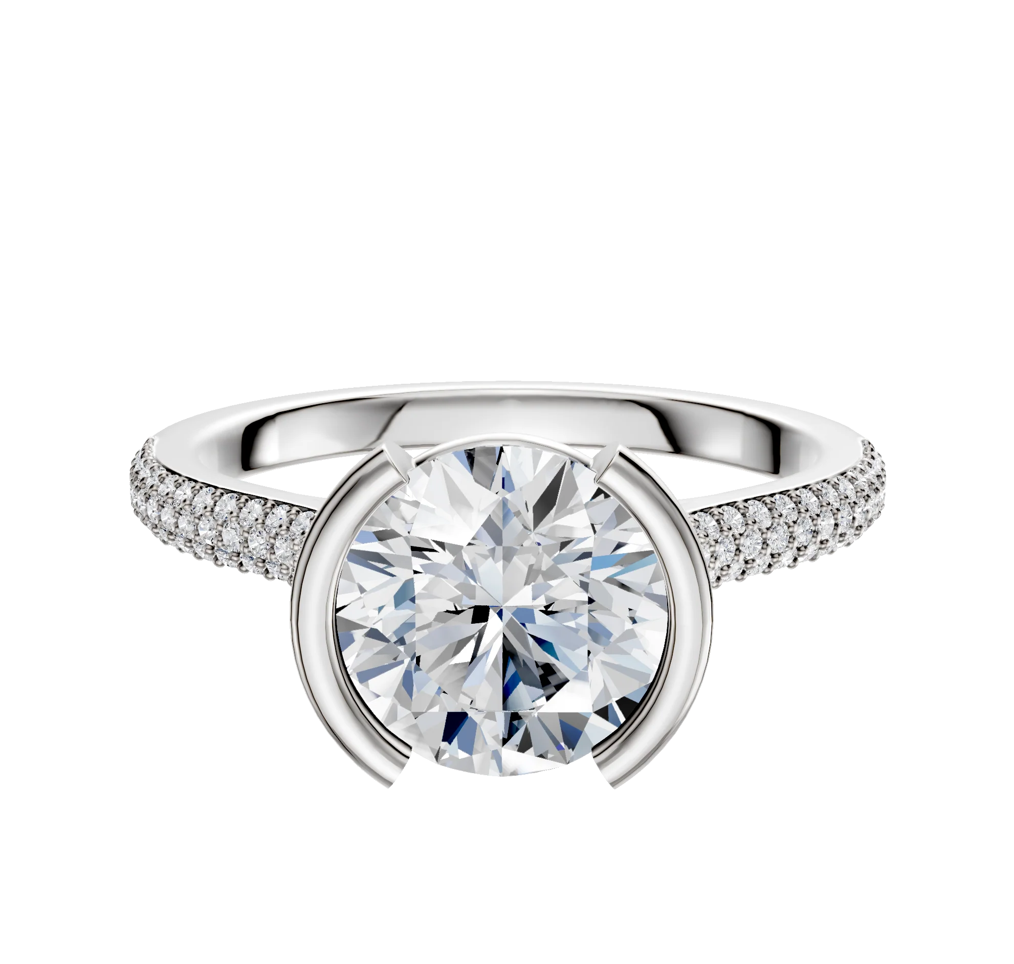Platinum Bezel Half Bezel North/South Cathedral Dome 3-Row-Pave 2.0mm Engagement Ring